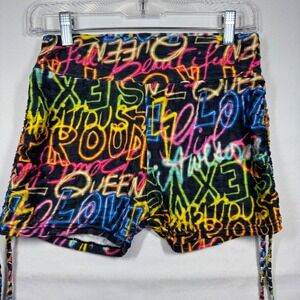 Neon Graffiti Print Shorts Festival Rave Drawstring High Waist Y2K Sz S/M No Tag